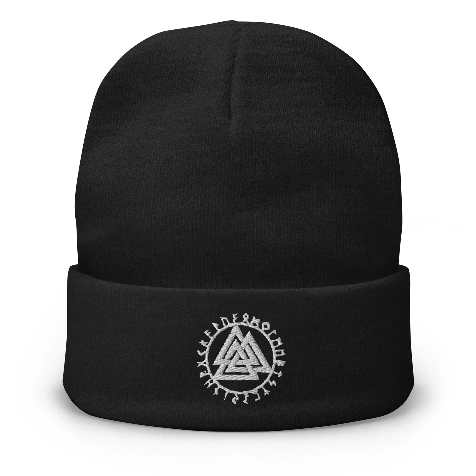 The Valknut Symbol with Viking Runes Embroidered Cuff Beanie Triangles of Power