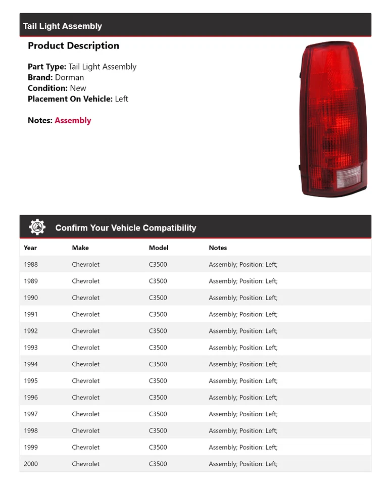 Conjunto de luz trasera izquierda para Chevrolet C3500 Dorman 1988-2000 1989 1990 1991 Foto 2 de 4