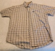 Chaps Short Sleeve Button Up Shirt Mens L Beige Grey Dress Shirt Business Casual