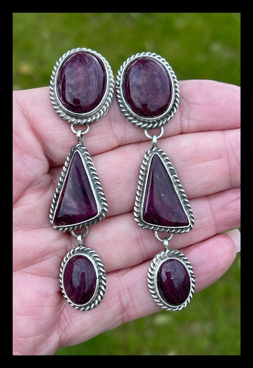 NAVAJO PURPLE SPINY OYSTER THREE STONE SS EARRINGS GERALDINE