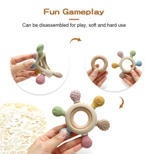 15 Sensory silicone wooden ring baby teether toys Safe "BPA FREE" Soothing, Gift - Picture 3 of 4
