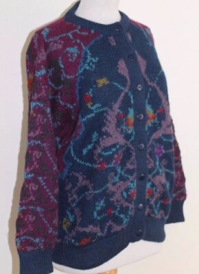 Peruvian Connection Sz S Plush 100% Alpaca Trellis FloralGarden Cardigan Sweater