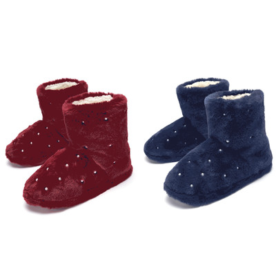 Pour Moi Hausschuhe Bootie Pantoffeln mit Perlenbesatz Kunstfell marine oder beerenrot