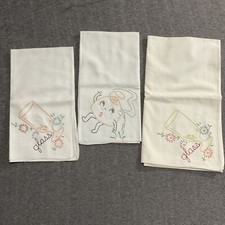 Lot 3 Vintage Hand Embroidered Kitchen Dish Tea Towels Tea Pot Glasses Floral