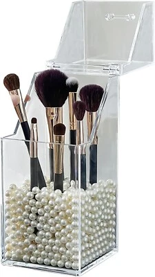 Make-up Brush Holder with Lid and Pearls Cosmetics Brushes Holder Makeup - Small