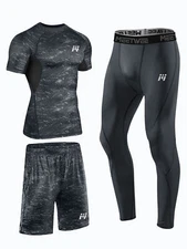 3PCS Men's Compression Short Sleeve Workout Set Dry Shirts Pants Shorts Tights