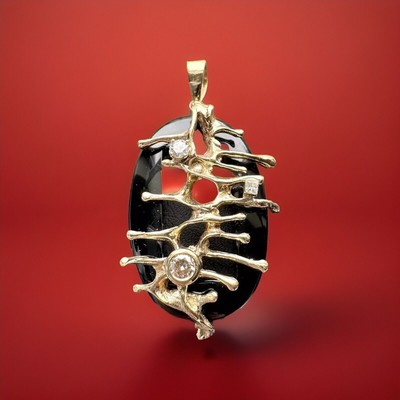 14K Yellow Gold Natural .40CT Round Princess Diamond Black Onyx Pendant UNIQUE