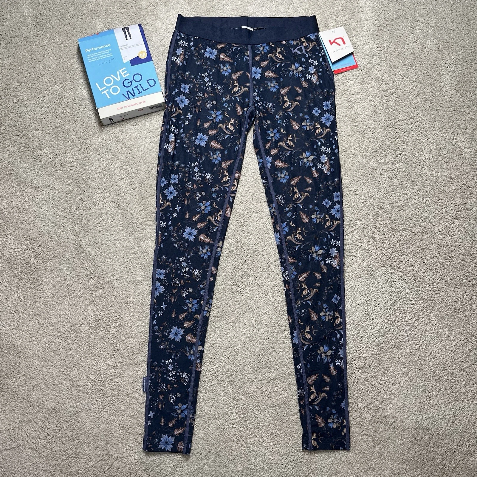NWT Kari Traa Fryd Baselayer Floral Legging Pants Women's Medium Blue Skiing