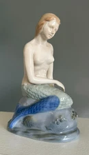 7" MERMAID on rock ceramic porcelain glazed figurine vintage nude glazed Denmark