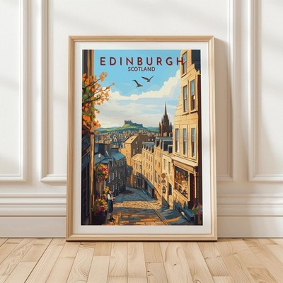 Edinburgh Scotland Wall Art Print with Old Town Street View Bagpiper Castle