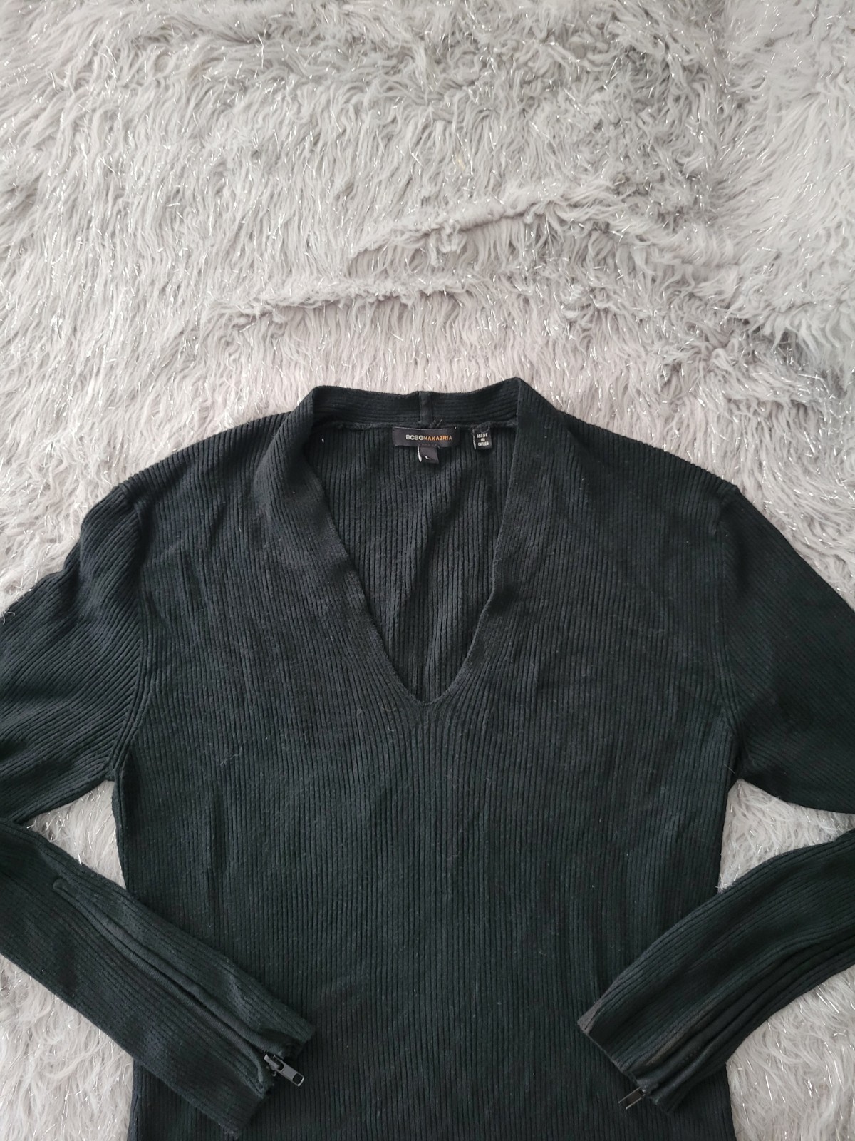 Y2k Bcbg Maxazria Ribbed Knit Sweater Minimalist Stretch Black Zipper ...