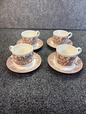 Vtg~Churchill Currier & Ives~Harvest~Brown Cups & Saucers~4 sets
