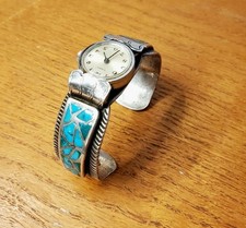 Vtg old pawn NA Navajo Ster & Turquoise Cuff Watch Tips Master Inlay Ingot Coin 