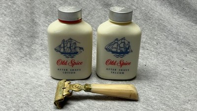 1950's Old Spice Milk Glass After Shave Lotion And Talc Bottles With Old Razor