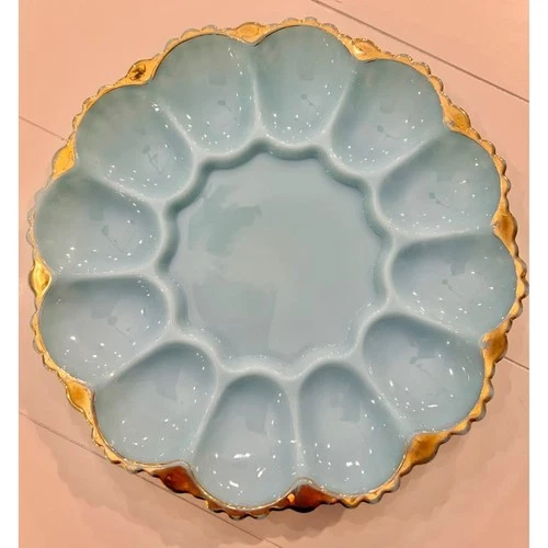 Vintage Teal Milk Glass Deviled Egg Plate with Molded Fluted Design & 22k Gold