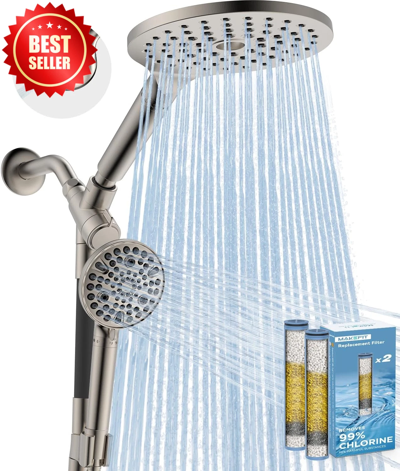 Brushed Nickel Dual Filtered Rain Shower Head Combo High Pressure Handheld US