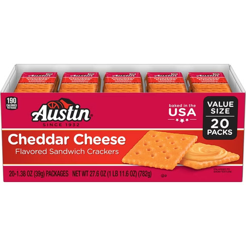 Austin Cheddar Cheese Flavored Sandwich Crackers, Lunch Snacks, 20 Count....