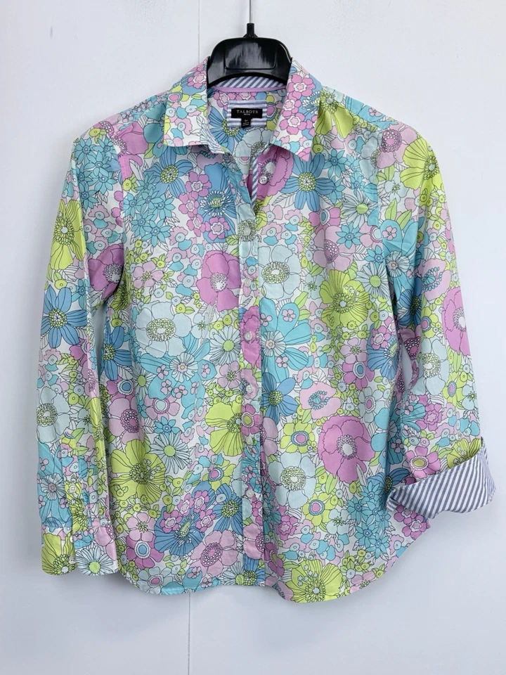 Talbots 小号 S 码衬衫经典棉分层花卉休闲多色 — 第 2/4 张图片