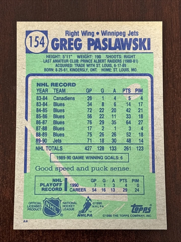 1990-91 Topps #154 Greg Paslawski AUTO Winnipeg Jets AUTOGRAPH Signed - Image 2 of 2
