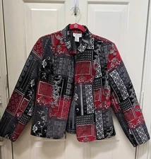 Molly & Max Jacket Medium  Red Black Rayon Full Zip Shoulder Pad Tapestry T14