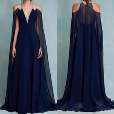 V neck Evening Dresses Chiffon with Cape Sleeves A line Tulle Party Prom Gowns