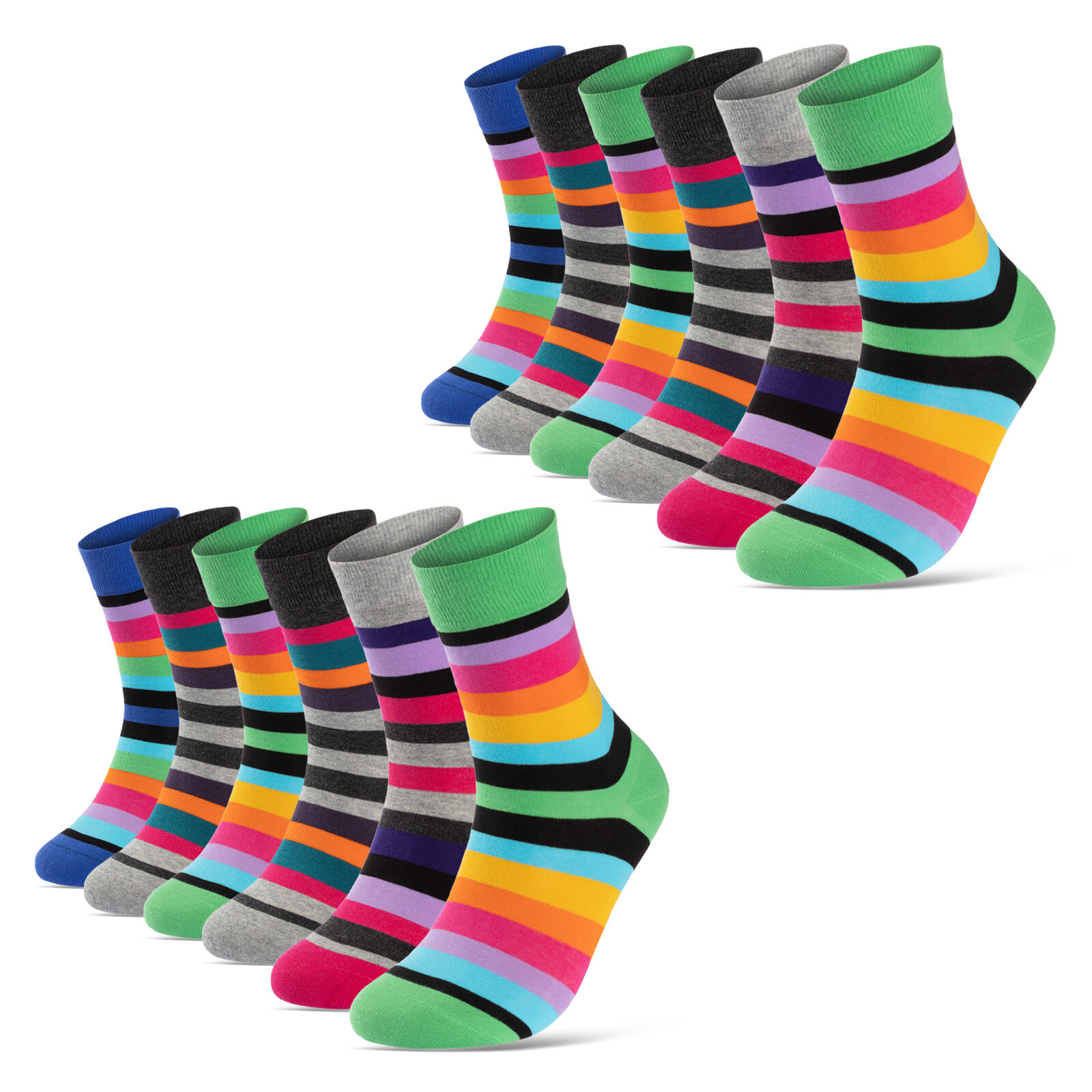 Damen Ringelsocken Bunt Gemustert - 6 Oder 12 Paar Baumwollsocken Mit Komfortbund