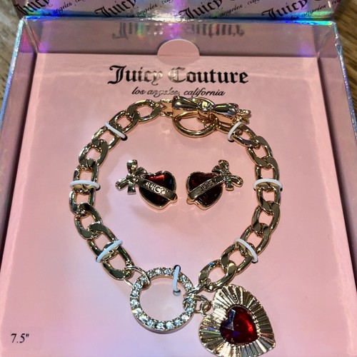 Juicy Couture Bracelet & Earrings Set Rose Gold Tone Bows Love Red Heart NIB - Picture 2 of 6
