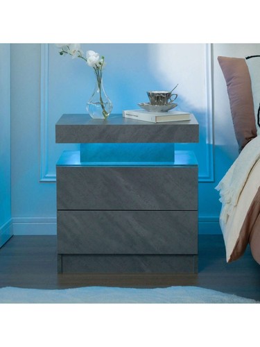 Modern LED Nightstand Bedside Table with 2 Wood Drawers Bedroom Side Table light - Picture 11 of 20