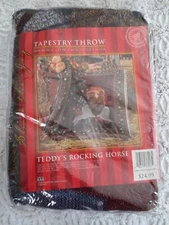 NIP Crown Crafts TEDDY'S ROCKING HORSE Acrylic/Cotton FRINGED THROW - 50" x 60"