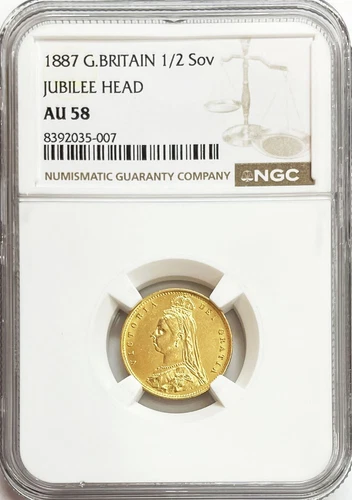 1887 GOLD GREAT BRITAIN 1/2 SOVEREIGN JUBILEE BUST VICTORIA COIN NGC AU 58