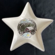 Friendly Village Star Shaped Dish Covered Bridge Johnson Brothers Candy Holiday