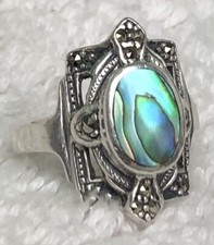 Sterling Silver Oval Abalone And Marcasite With Rectangular Shape Ring