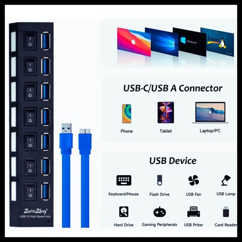 USB Hub 3.0 2.0 Multi-Port Splitter 4/7 Port with Power Switch for PC Laptop - Picture 3 of 13