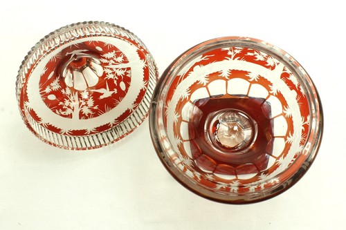 Vintage Red Flash Woodland Deer Pedestal Lidded Bowl Compote Dish - Picture 8 of 10