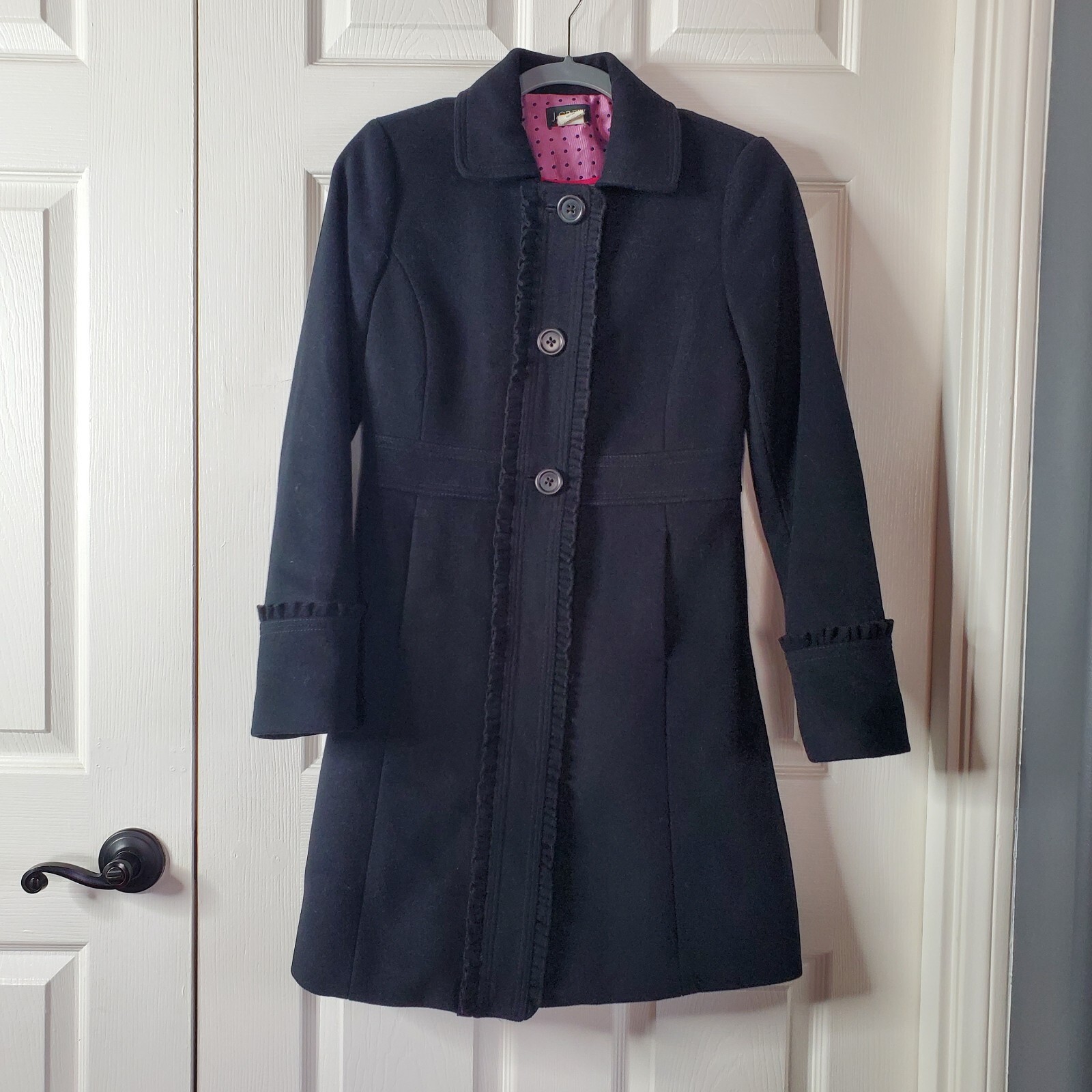 J. Crew 100% Wool Black Ruffle Button Front Winter Coat Size 0 Jacket Peacoat