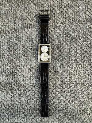 Fossil Quartz Watch FA-1557 Women Black Dual Time Rectangle Leather, NEW  BATTERY