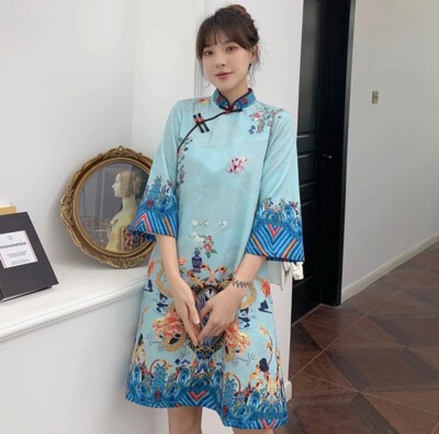 Blue Loose 2021 New Fashion Modern Chinese Cheongsam A-line Dress Women 3/4  Slee | eBay