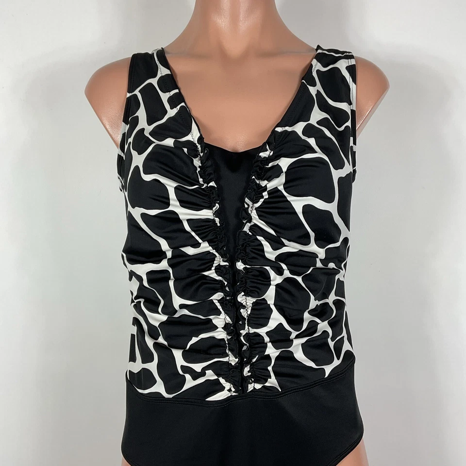 Traje de baño vintage de una pieza con estampado animal de longitud de los 90 blanco negro talla 10 Foto 3 de 4