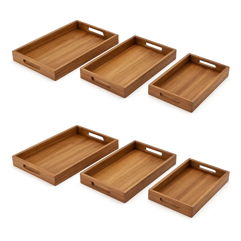 6er Set Serviertablett mit Griffen Akazienholz 3 Größen Servierbrett Holztablett