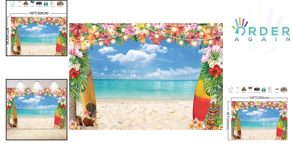 10x8ft Hawaiian Beach Backdrop Tropical Luau Party Photo Supplies Decor - Image 2 of 4