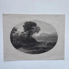 Antique Engraving 18th C. pastoral figures in classical dress Roman Countryside