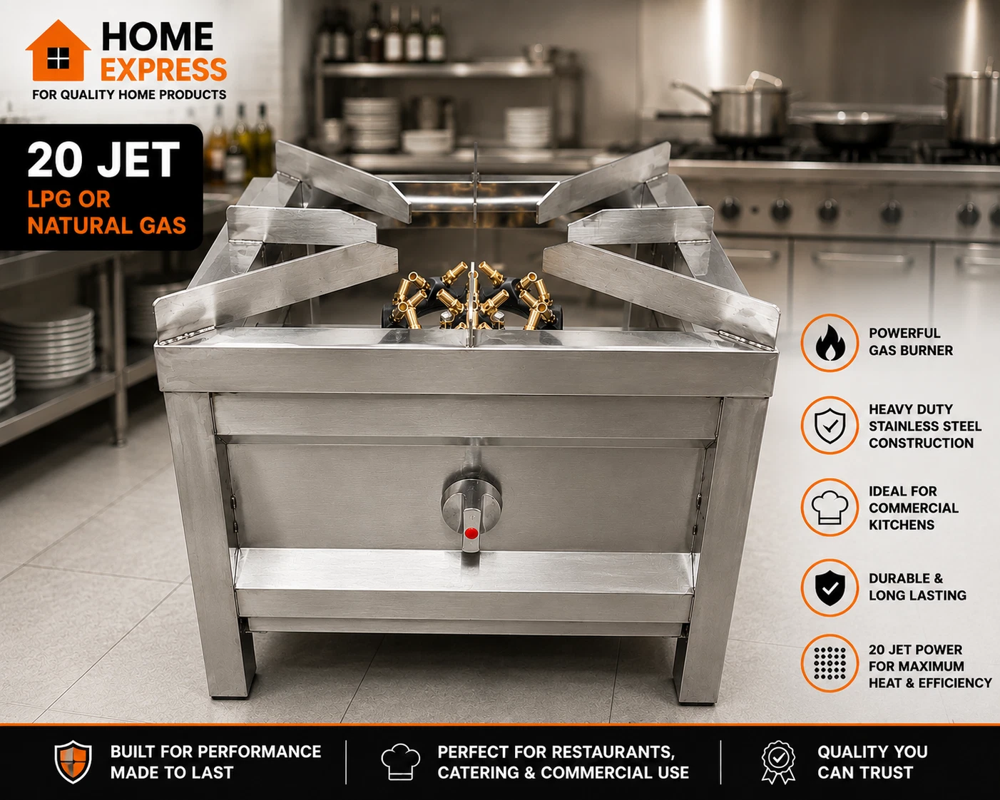 COMMERCIAL STOCKPOT COOKER / WOK 20 JET BURNER 500 x 500 Natural Or LPG Gas