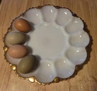 1 Vintage Anchor Hocking Milk Glass Deviled Egg Plate with Gold Trim Ornate 10"