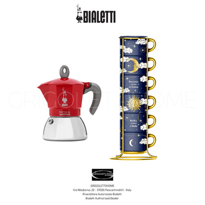 Bialetti Moka Induction 4 Tassen + Set 6 Stapel-Tassen Cielo Stellato
