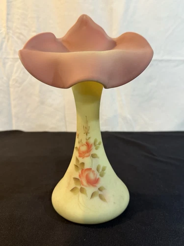 Fenton Burmese glass Jack in the Pulpit style vase with hand painted flowers