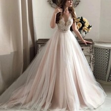 Boho V-Neck Wedding Dress Cap Sleeve Lace Appliques Sheer Backless A-line Tulle