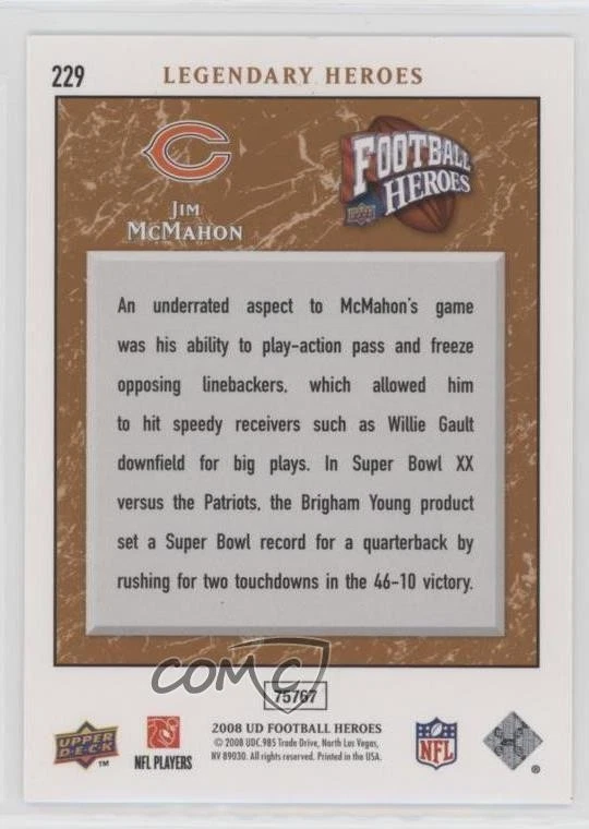 2008 Upper Deck Football Heroes Legendary Heroes Bronze /75 Jim McMahon #229 - Image 2 of 2