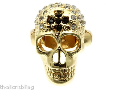 Last One! Goth Punk Gold Skull & Cross Stretch Ring with Crystal Bling
