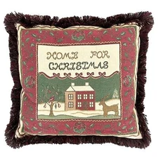 Home for Christmas winter holiday tapestry throw PILLOW fringe trim 16" x 15"
