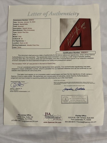 David Ortiz Boston Red Sox Autographed Jersey With HOF Inscription JSA Certified - Picture 7 of 7